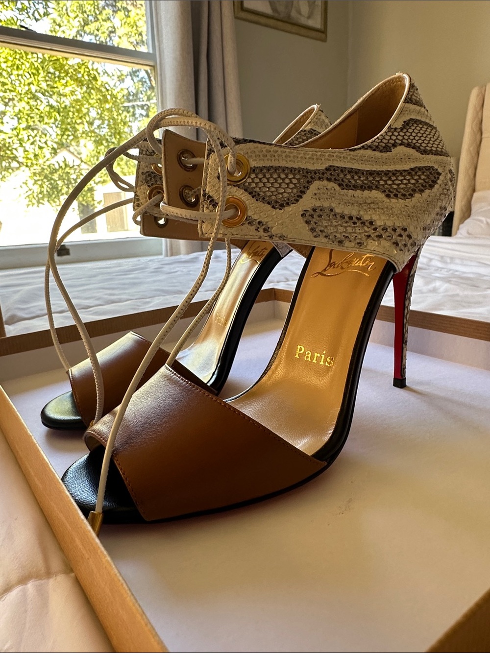 Christian Louboutin Brown Leather & Multi Colored Python Lace-Up Heels